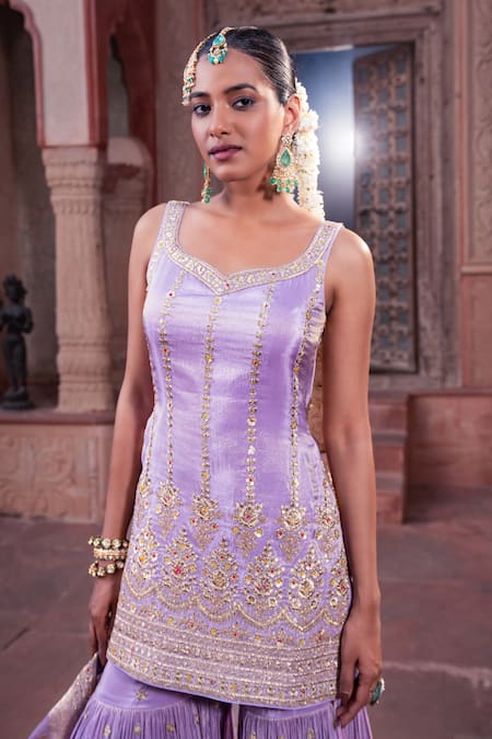 Buy_Meenagurnam_Lavender Tissue Embroidery, Sequins Round Neck Kurta Sharara Set _Online_at_Aza_Fashions