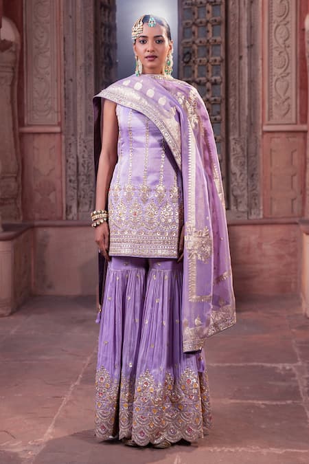 Shop_Meenagurnam_Lavender Tissue Embroidery, Sequins Round Neck Kurta Sharara Set _Online_at_Aza_Fashions
