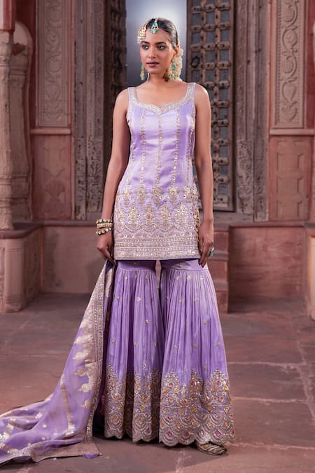 Meenagurnam_Lavender Tissue Embroidery, Sequins Round Neck Kurta Sharara Set _at_Aza_Fashions