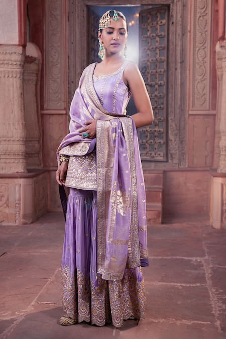 Buy_Meenagurnam_Lavender Tissue Embroidery, Sequins Round Neck Kurta Sharara Set 