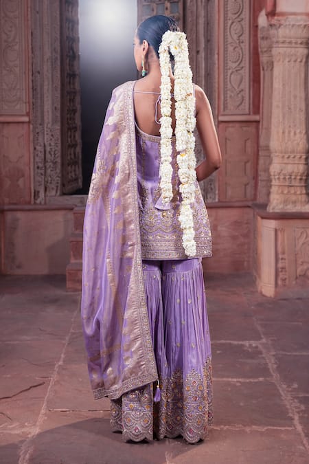 Meenagurnam_Lavender Tissue Embroidery, Sequins Round Neck Kurta Sharara Set _Online_at_Aza_Fashions