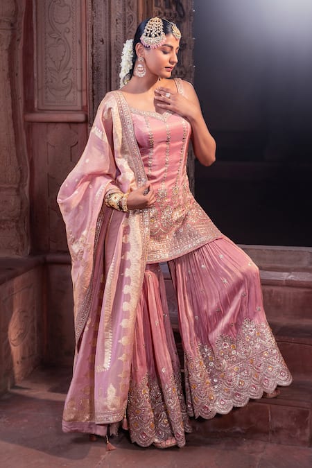Buy_Meenagurnam_Pink Tissue Sequins, Embroidery Round Neck Kurta Set With Dupatta _Online_at_Aza_Fashions