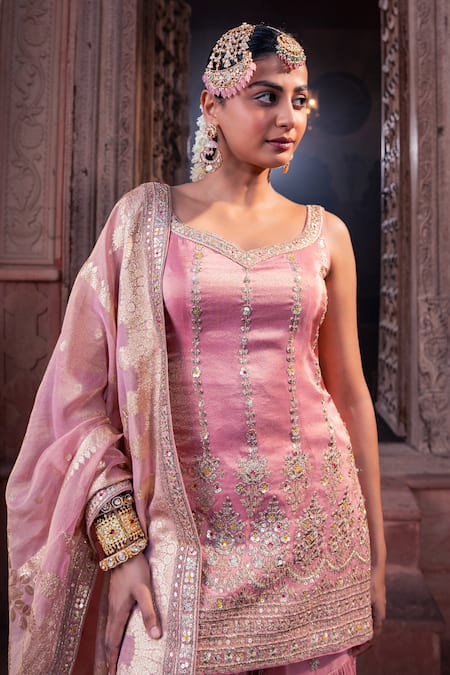 Shop_Meenagurnam_Pink Tissue Sequins, Embroidery Round Neck Kurta Set With Dupatta _Online_at_Aza_Fashions