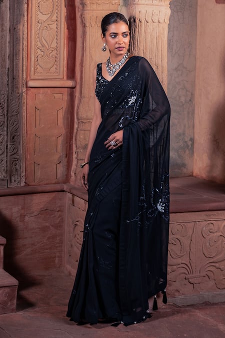 Meenagurnam_Black Net, Viscose, Georgette Sequins, Beads Embellished Saree And Blouse Set _Online_at_Aza_Fashions