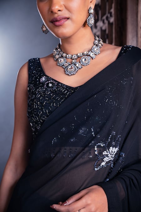 Buy_Meenagurnam_Black Net, Viscose, Georgette Sequins, Beads Embellished Saree And Blouse Set _Online_at_Aza_Fashions