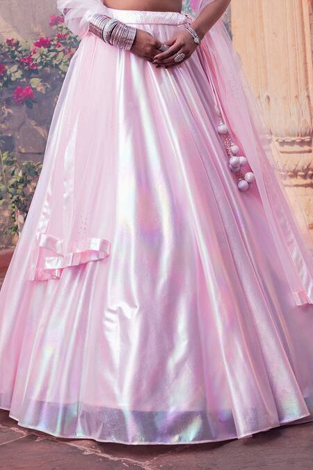 Shop_Meenagurnam_Pink Organza, Net Embroidery Round Neck Shimmery Lehenga Set _Online_at_Aza_Fashions