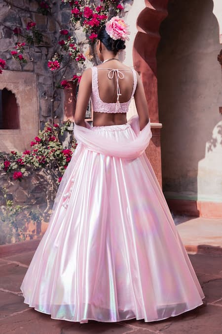 Meenagurnam_Pink Organza, Net Embroidery Round Neck Shimmery Lehenga Set _Online_at_Aza_Fashions