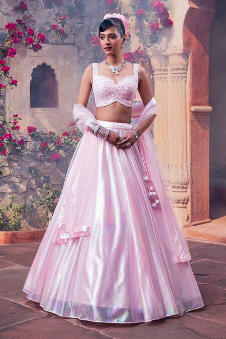 Meenagurnam_Pink Organza, Net Embroidery Round Neck Shimmery Lehenga Set _at_Aza_Fashions