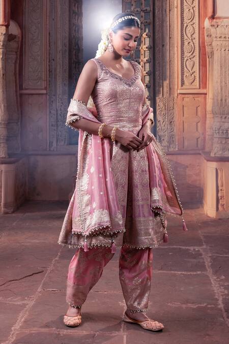 Buy_Meenagurnam_Pink Tissue Sequins, Embroidery V-neck Designer Anarkali Kurta Set _Online_at_Aza_Fashions