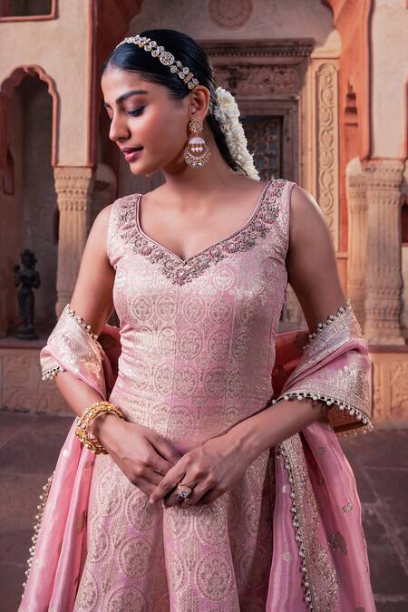 Shop_Meenagurnam_Pink Tissue Sequins, Embroidery V-neck Designer Anarkali Kurta Set _Online_at_Aza_Fashions