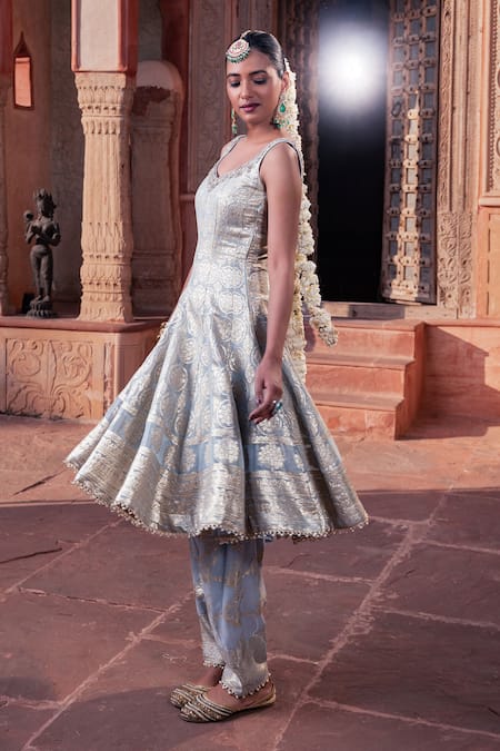 Buy_Meenagurnam_Blue Tissue Sequins, Embroidery Round Neck Ice Anarkali Set _Online_at_Aza_Fashions