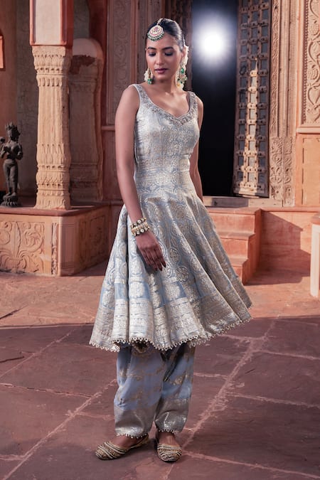 Shop_Meenagurnam_Blue Tissue Sequins, Embroidery Round Neck Ice Anarkali Set _Online_at_Aza_Fashions