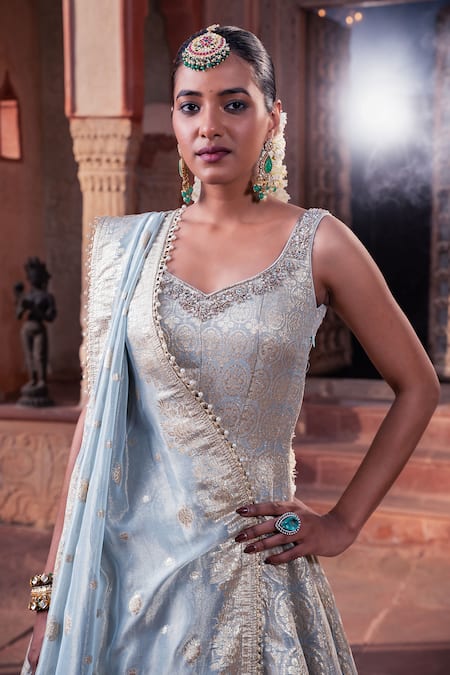 Meenagurnam_Blue Tissue Sequins, Embroidery Round Neck Ice Anarkali Set _at_Aza_Fashions
