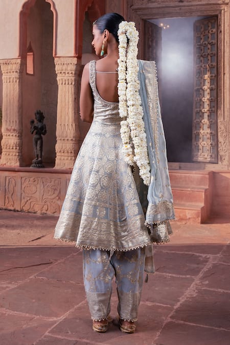 Meenagurnam_Blue Tissue Sequins, Embroidery Round Neck Ice Anarkali Set _Online_at_Aza_Fashions