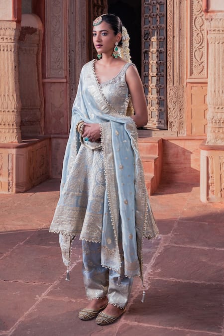Buy_Meenagurnam_Blue Tissue Sequins, Embroidery Round Neck Ice Anarkali Set 