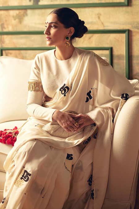 Shop_Masaba_Ivory Embroidery Oh So Masaba Printed Saree And Unstitched Blouse Piece _Online_at_Aza_Fashions