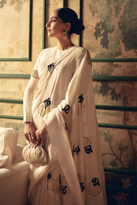 Masaba_Ivory Embroidery Oh So Masaba Printed Saree And Unstitched Blouse Piece _at_Aza_Fashions