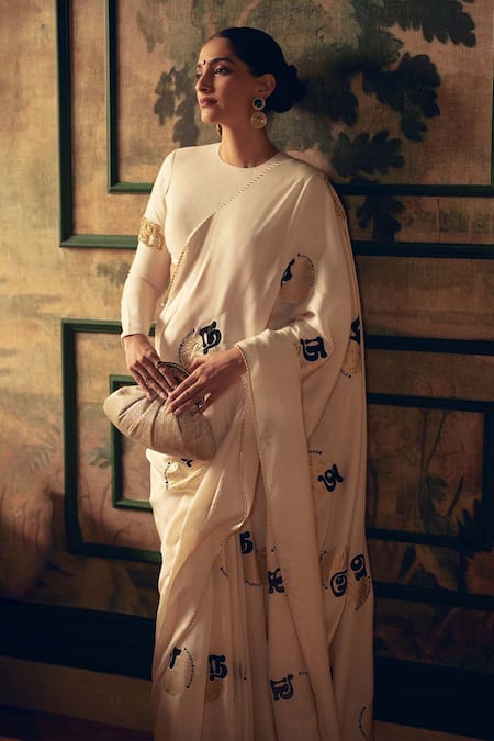 Shop_Masaba_Ivory Embroidery Oh So Masaba Printed Saree And Unstitched Blouse Piece _at_Aza_Fashions