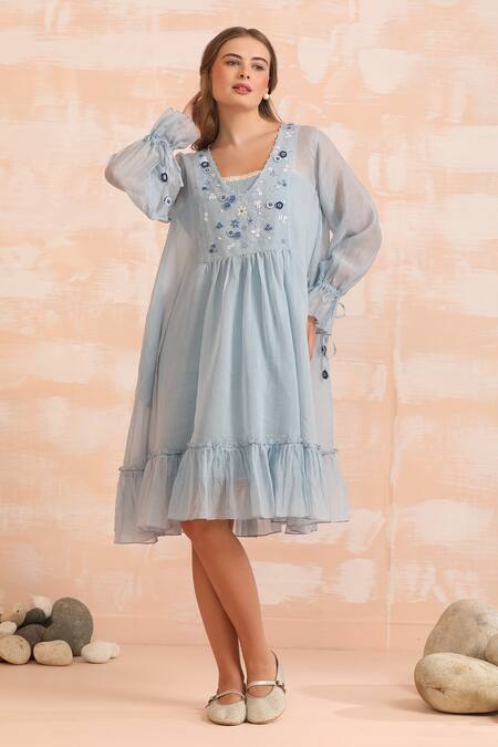 Buy_Dhaari_Blue Handloom Cotton Embroidery Round Neck Hand Flared Midi Dress _Online_at_Aza_Fashions