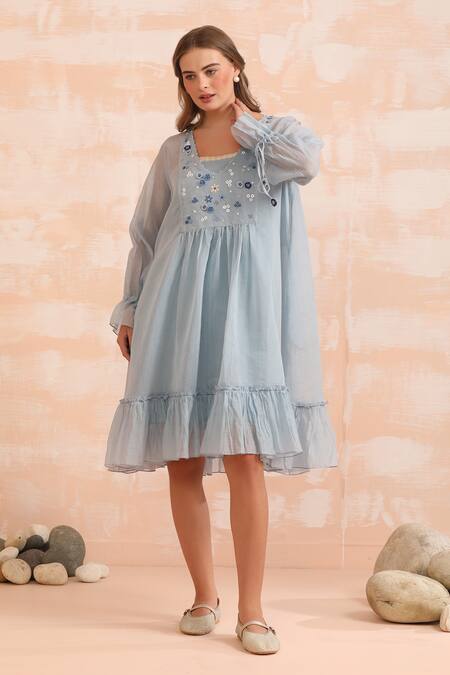 Shop_Dhaari_Blue Handloom Cotton Embroidery Round Neck Hand Flared Midi Dress _Online_at_Aza_Fashions