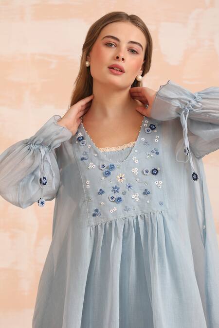 Dhaari_Blue Handloom Cotton Embroidery Round Neck Hand Flared Midi Dress _at_Aza_Fashions