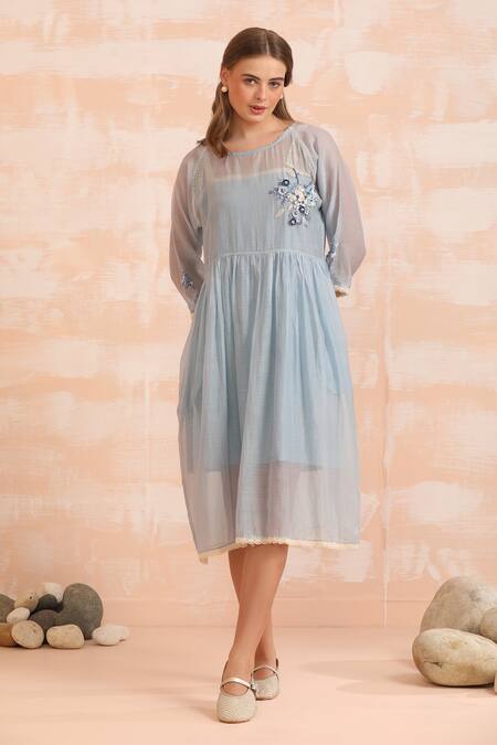 Dhaari_Blue Handloom Cotton Embroidery Round Neck Hand Flare Midi Dress _Online_at_Aza_Fashions