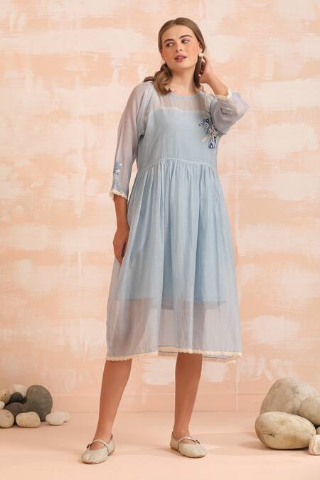 Buy_Dhaari_Blue Handloom Cotton Embroidery Round Neck Hand Flare Midi Dress _Online_at_Aza_Fashions