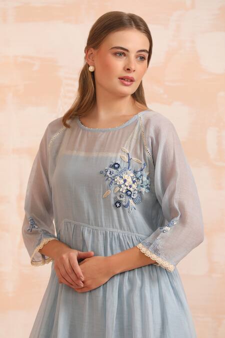 Shop_Dhaari_Blue Handloom Cotton Embroidery Round Neck Hand Flare Midi Dress _Online_at_Aza_Fashions
