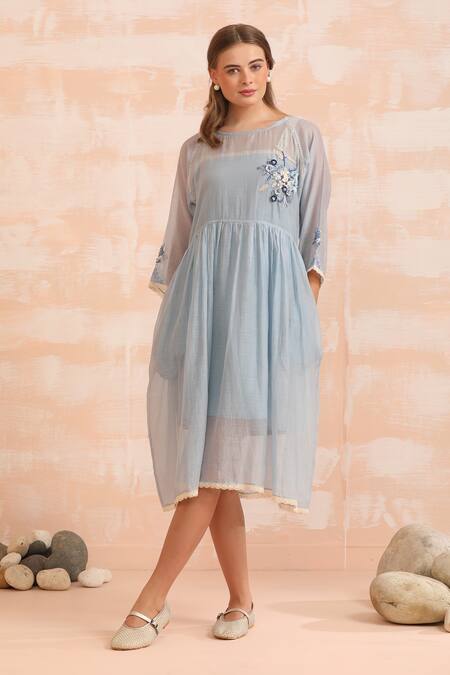 Dhaari_Blue Handloom Cotton Embroidery Round Neck Hand Flare Midi Dress _at_Aza_Fashions