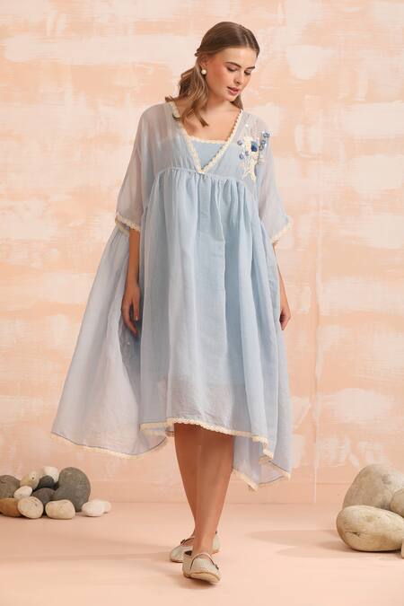 Dhaari_Blue Handloom Cotton Embroidery Round Neck Hand Flare Midi Dress _Online_at_Aza_Fashions