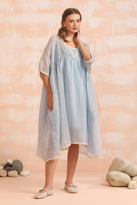 Buy_Dhaari_Blue Handloom Cotton Embroidery Round Neck Hand Flare Midi Dress _Online_at_Aza_Fashions