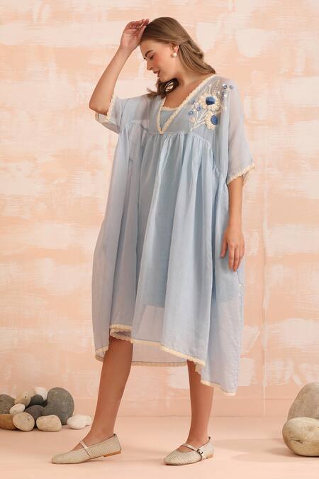 Shop_Dhaari_Blue Handloom Cotton Embroidery Round Neck Hand Flare Midi Dress _Online_at_Aza_Fashions