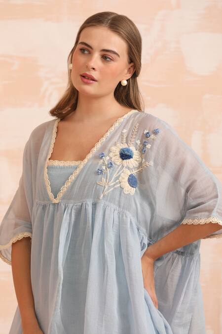 Dhaari_Blue Handloom Cotton Embroidery Round Neck Hand Flare Midi Dress _at_Aza_Fashions