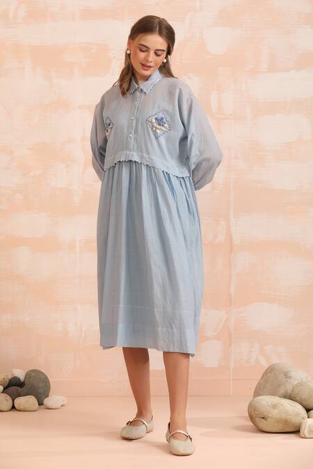 Dhaari_Blue Handloom Cotton Embroidery Round Neck Hand Flare Midi Dress _Online_at_Aza_Fashions