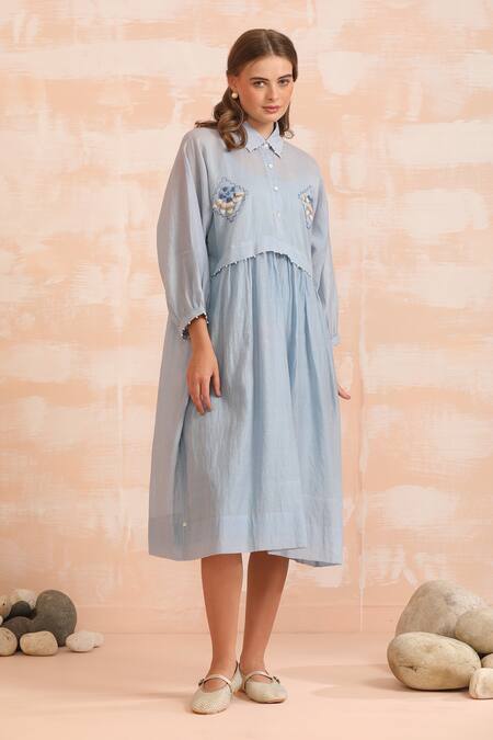 Buy_Dhaari_Blue Handloom Cotton Embroidery Round Neck Hand Flare Midi Dress _Online_at_Aza_Fashions