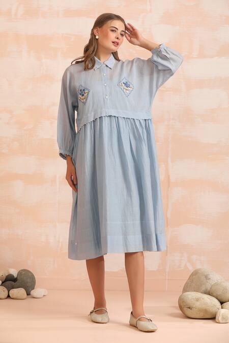 Shop_Dhaari_Blue Handloom Cotton Embroidery Round Neck Hand Flare Midi Dress _Online_at_Aza_Fashions