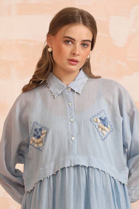 Dhaari_Blue Handloom Cotton Embroidery Round Neck Hand Flare Midi Dress _at_Aza_Fashions