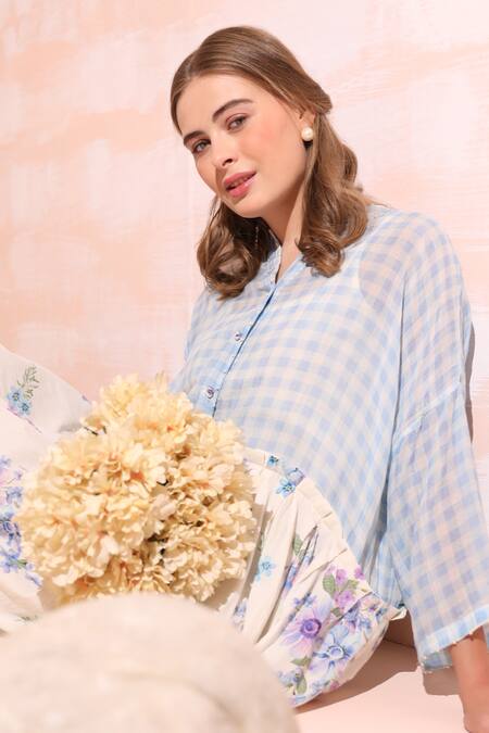 Dhaari_Blue Handloom Cotton Embroidery Collared Floral Hand Painted Midi Dress _Online_at_Aza_Fashions