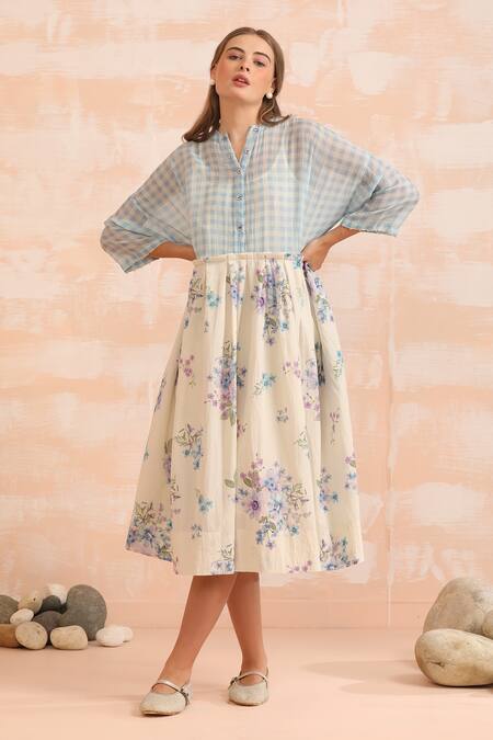 Buy_Dhaari_Blue Handloom Cotton Embroidery Collared Floral Hand Painted Midi Dress _Online_at_Aza_Fashions