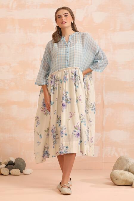 Shop_Dhaari_Blue Handloom Cotton Embroidery Collared Floral Hand Painted Midi Dress _Online_at_Aza_Fashions