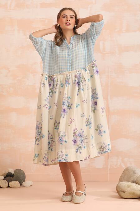 Dhaari_Blue Handloom Cotton Embroidery Collared Floral Hand Painted Midi Dress _at_Aza_Fashions