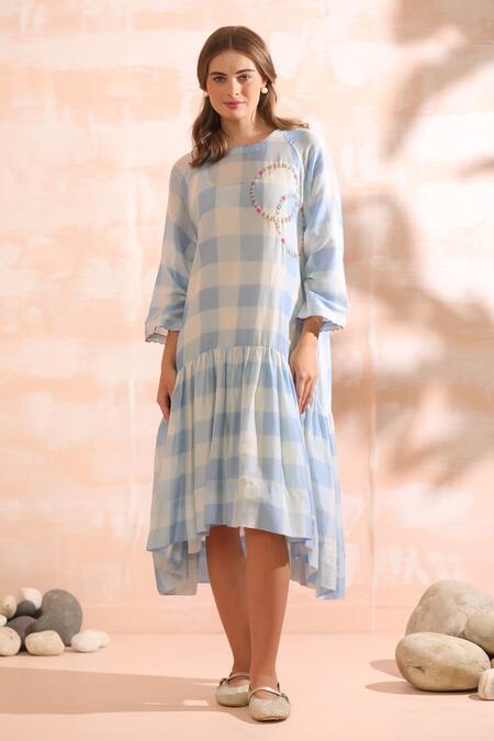 Dhaari_Blue Handloom Cotton Embroidery Round Neck Hand Flare Midi Dress _Online_at_Aza_Fashions