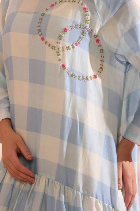 Shop_Dhaari_Blue Handloom Cotton Embroidery Round Neck Hand Flare Midi Dress _Online_at_Aza_Fashions