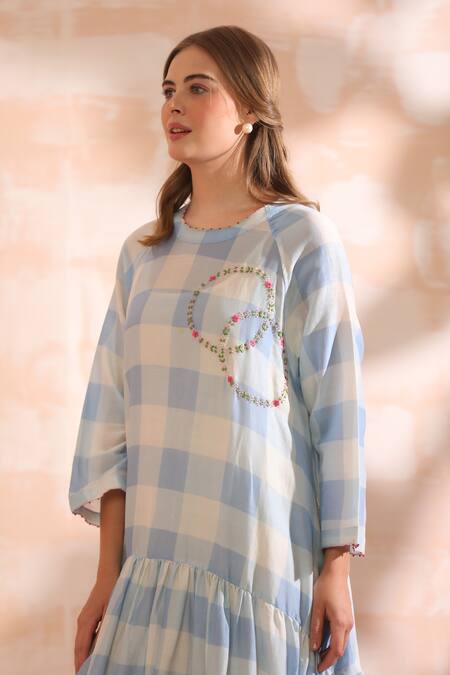 Shop_Dhaari_Blue Handloom Cotton Embroidery Round Neck Hand Flare Midi Dress 