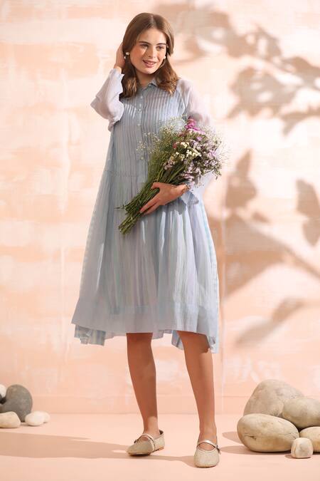 Dhaari_Blue Handloom Cotton Collared Hand Painted Flare Midi Dress _Online_at_Aza_Fashions