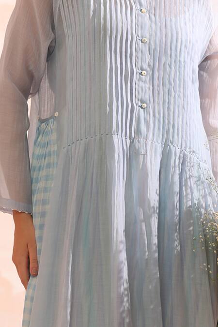 Buy_Dhaari_Blue Handloom Cotton Collared Hand Painted Flare Midi Dress _Online_at_Aza_Fashions