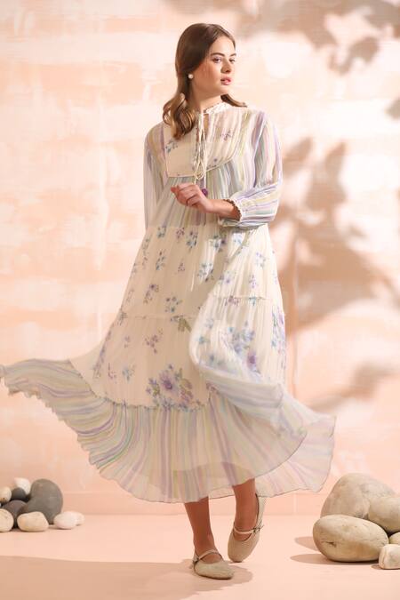 Dhaari_Handloom Cotton Embroidery Round Neck Floral Hand Painted Midi Dress _Online_at_Aza_Fashions