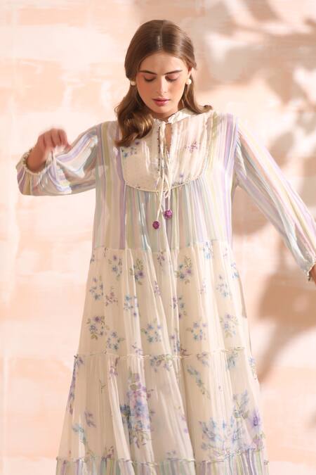 Buy_Dhaari_Handloom Cotton Embroidery Round Neck Floral Hand Painted Midi Dress _Online_at_Aza_Fashions