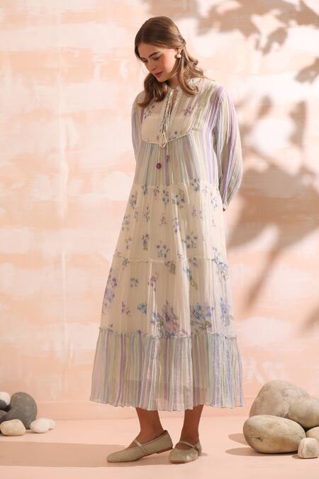 Shop_Dhaari_Handloom Cotton Embroidery Round Neck Floral Hand Painted Midi Dress _Online_at_Aza_Fashions