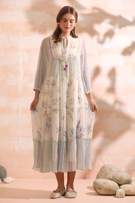 Dhaari_Handloom Cotton Embroidery Round Neck Floral Hand Painted Midi Dress _at_Aza_Fashions